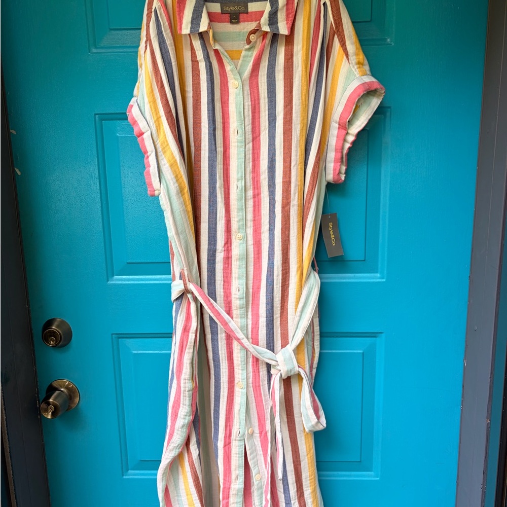 Style & Co. Multicolor Striped Midi Dress - Pink, Yellow, Blue, Green, Brown
